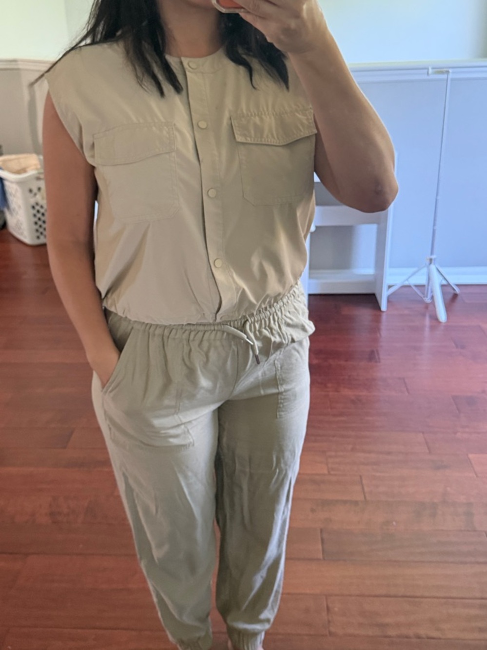 Zara Sleeveless Button-Front Utility Jumpsuit in Light Beige